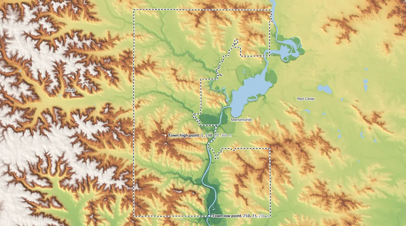 Topographic elevation map of Town of Menomonie, Wisconsin, shaded from 750 ft on the south side to 1,190 ft on the west side