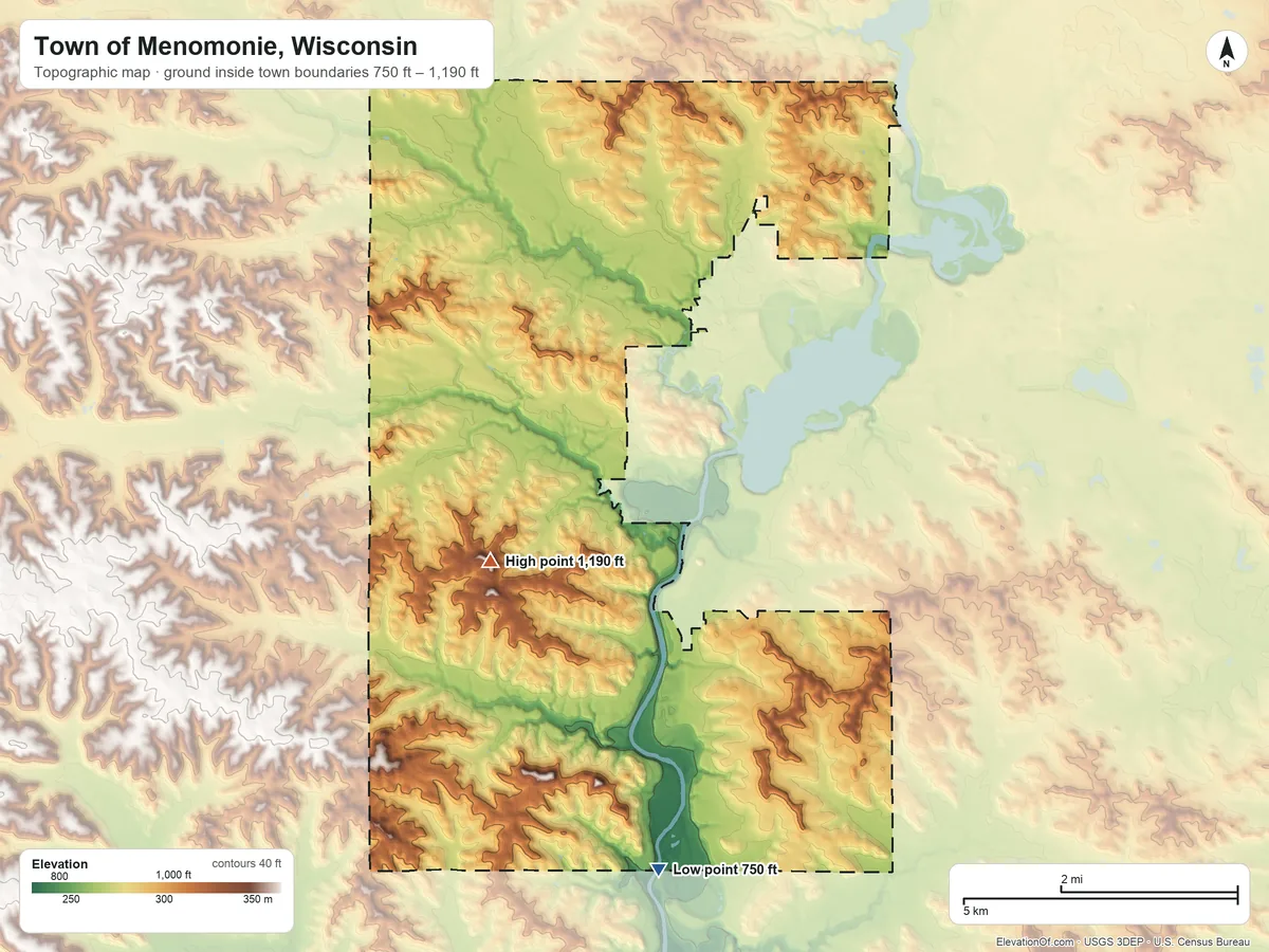 Topographic elevation map of Town of Menomonie, Wisconsin, shaded from 750 ft on the south side to 1,190 ft on the west side