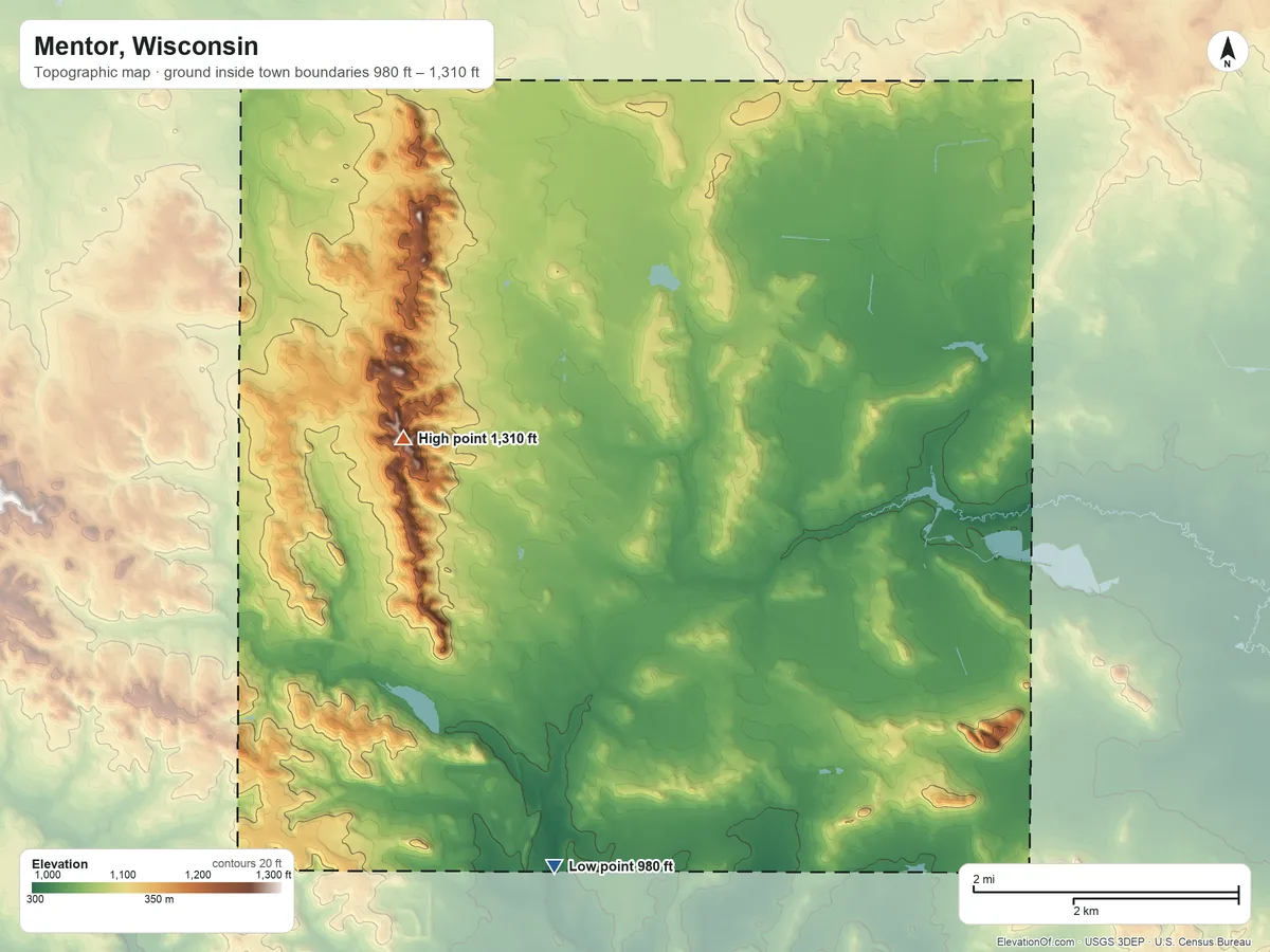 Topographic elevation map of Mentor, Wisconsin, shaded from 980 ft on the south side to 1,310 ft on the north side