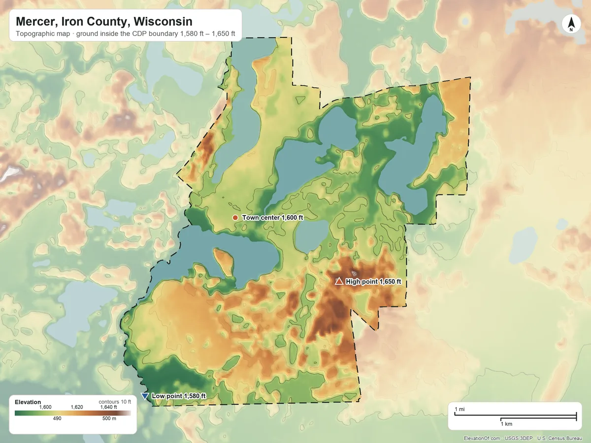 Topographic elevation map of Mercer, Iron County, Wisconsin, shaded from 1,580 ft on the southwest side to 1,650 ft on the southeast side