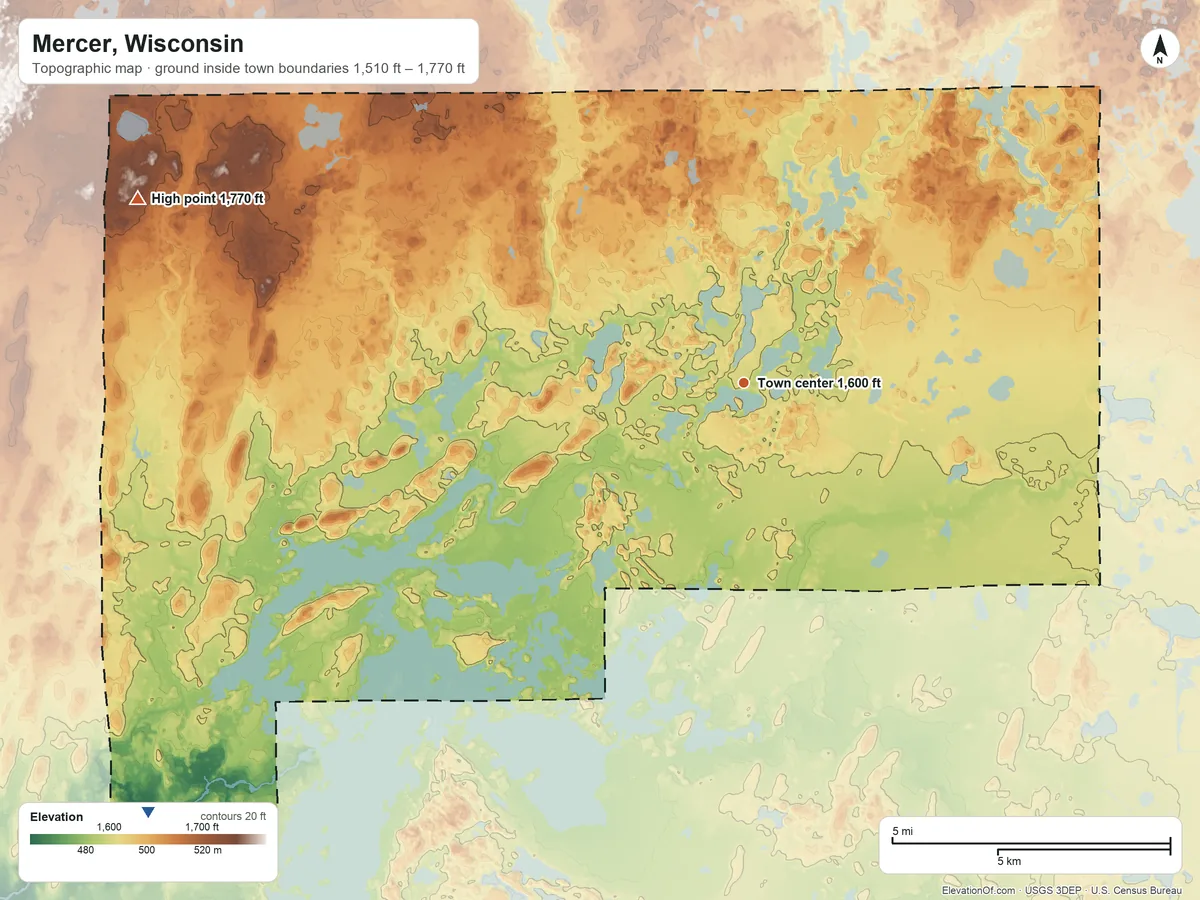 Topographic elevation map of Mercer, Wisconsin, shaded from 1,510 ft on the southwest side to 1,770 ft on the west side