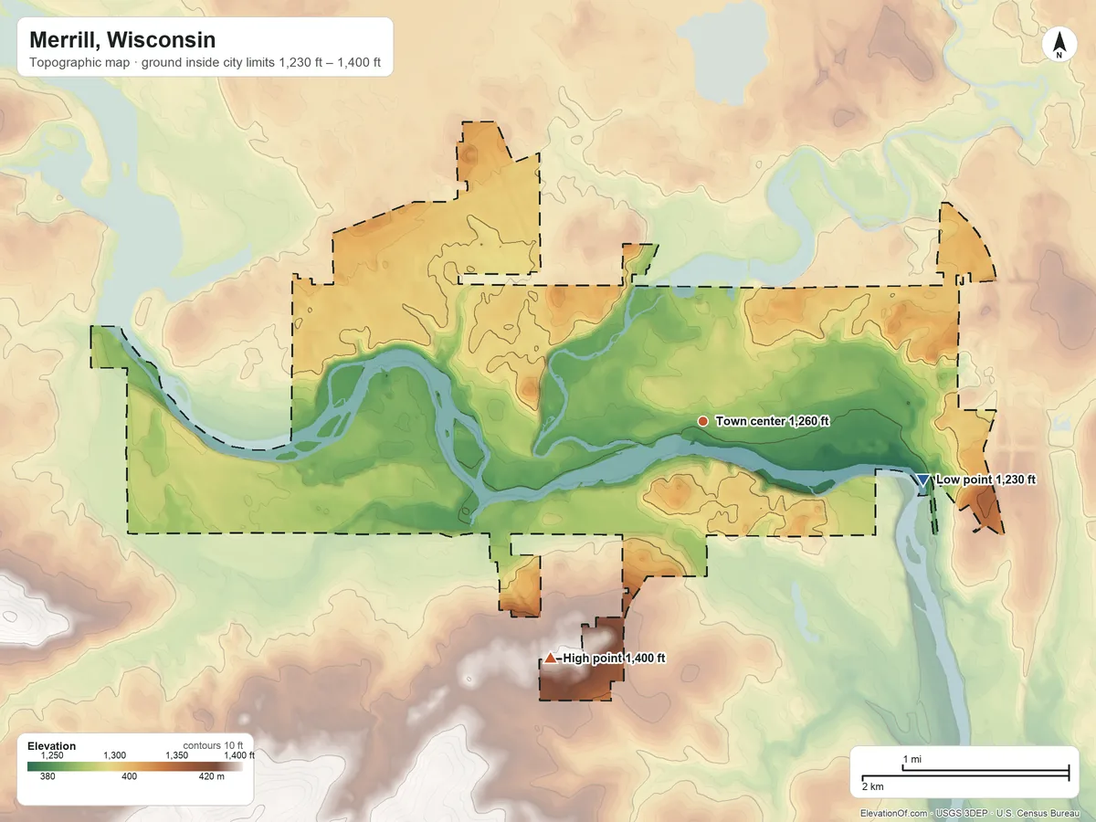 Topographic elevation map of Merrill, Wisconsin, shaded from 1,230 ft on the east side to 1,400 ft on the southwest side