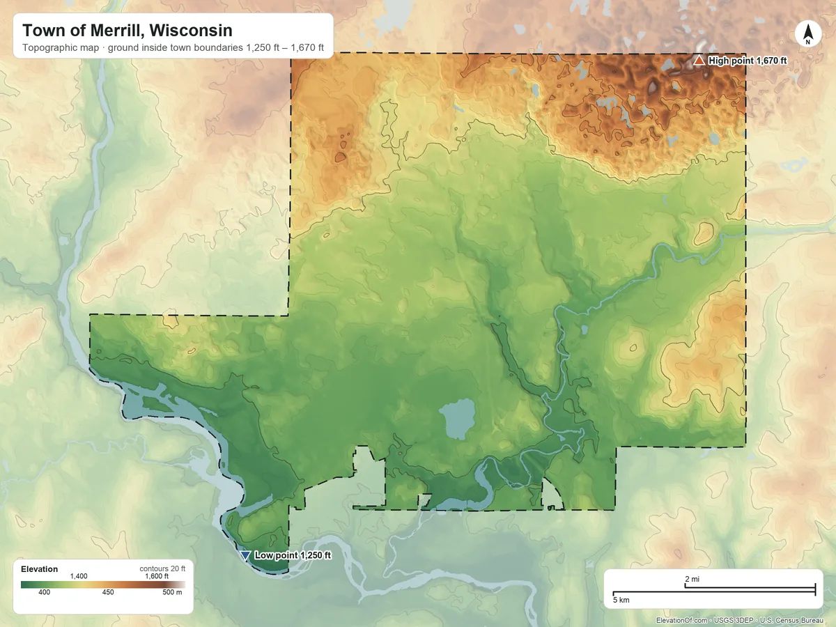 Topographic elevation map of Town of Merrill, Wisconsin, shaded from 1,250 ft on the southwest side to 1,670 ft on the northeast side
