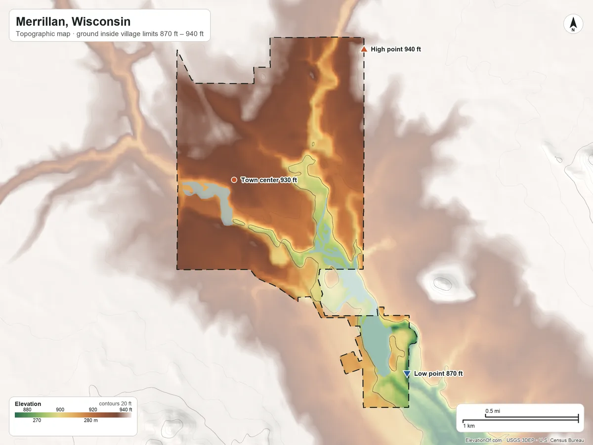 Topographic elevation map of Merrillan, Wisconsin, shaded from 870 ft on the southeast side to 940 ft at the foot of the Seven Points
