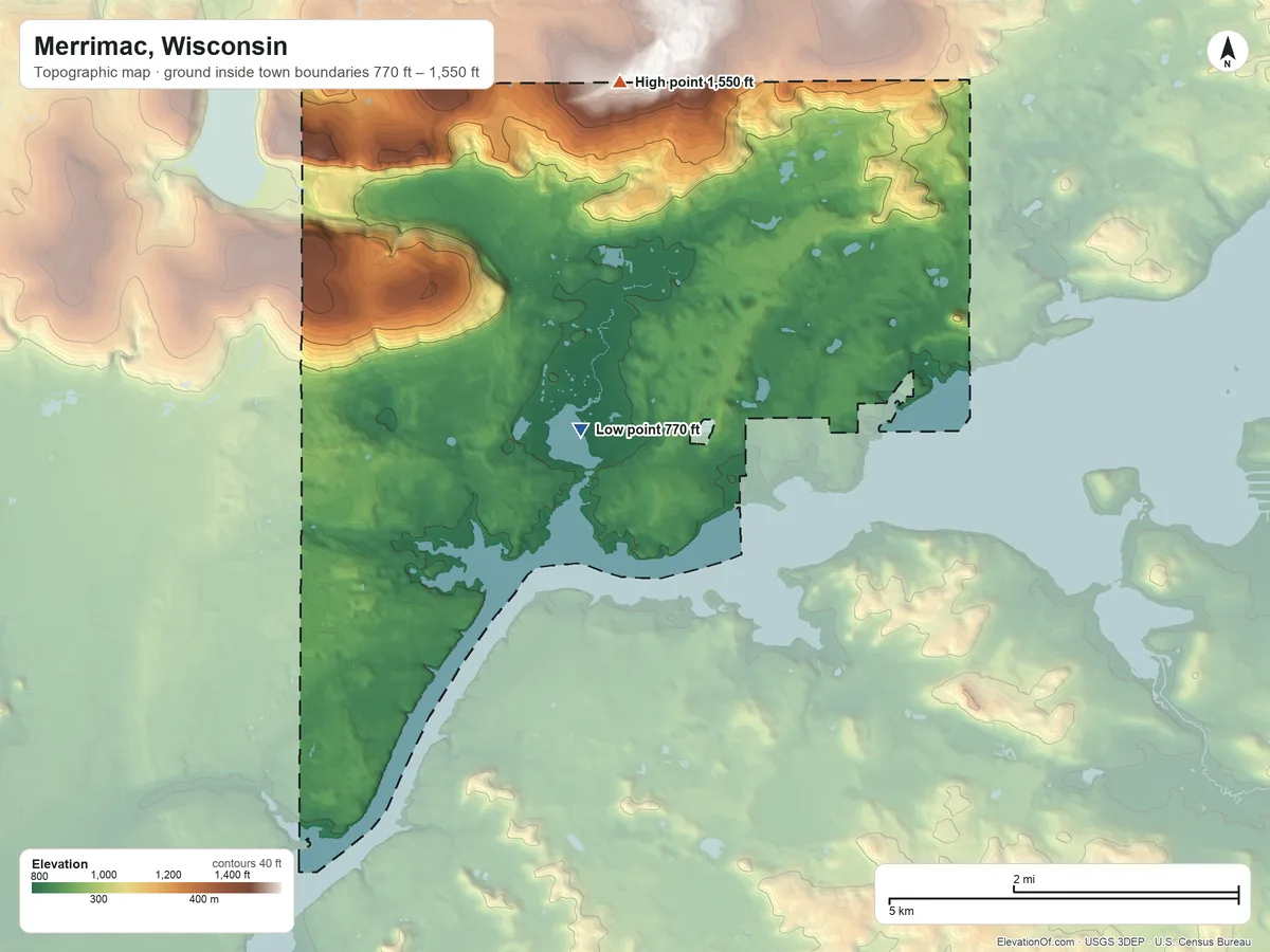 Topographic elevation map of Merrimac, Wisconsin, shaded from 770 ft near the middle to 1,550 ft on the north side