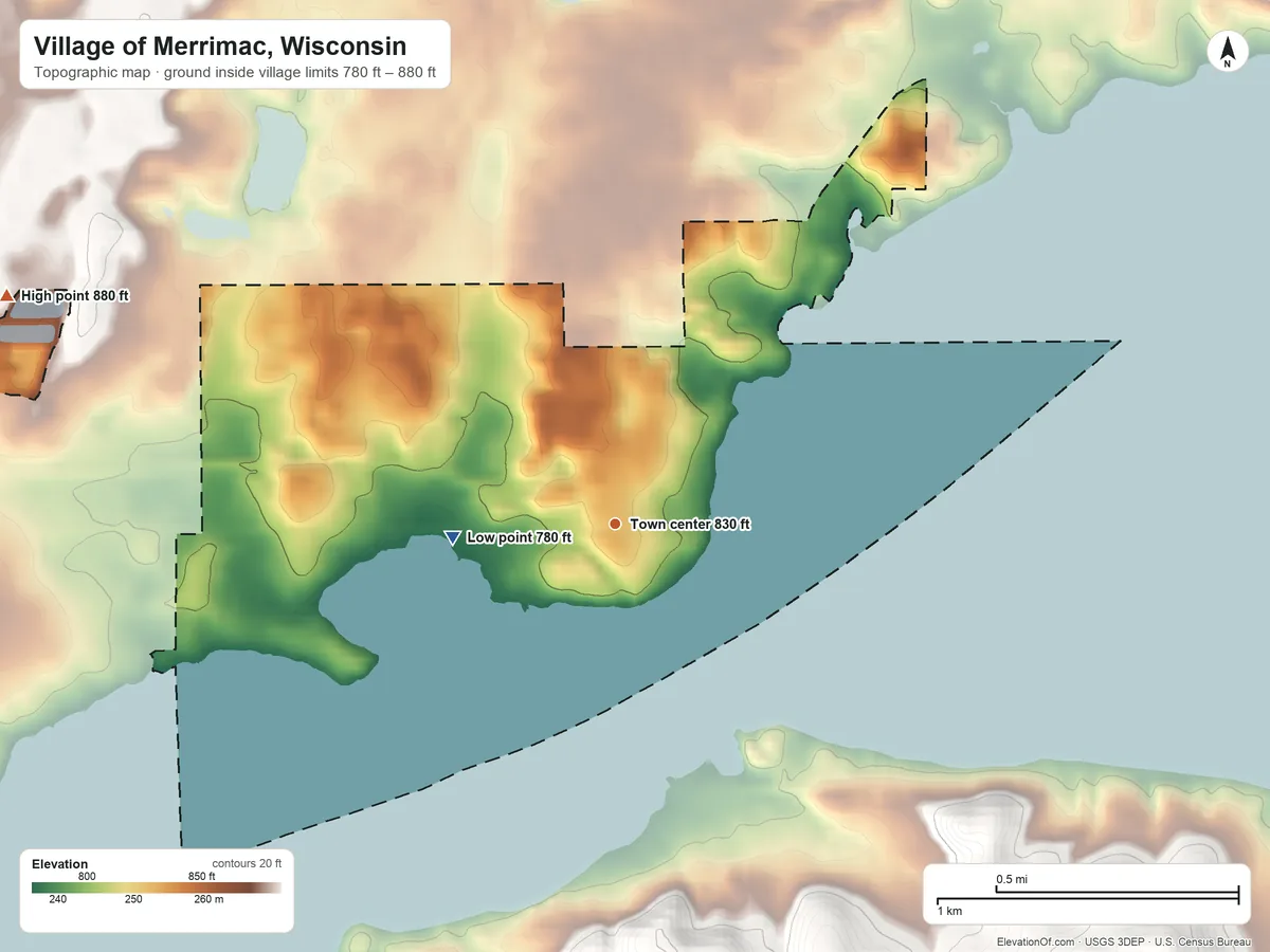 Topographic elevation map of Village of Merrimac, Wisconsin, shaded from 780 ft on the west side to 880 ft on the west side