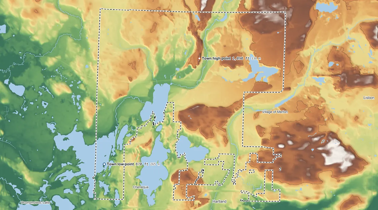Topographic elevation map of Merton, Wisconsin, shaded from 870 ft on the southwest side to 1,090 ft on the north side