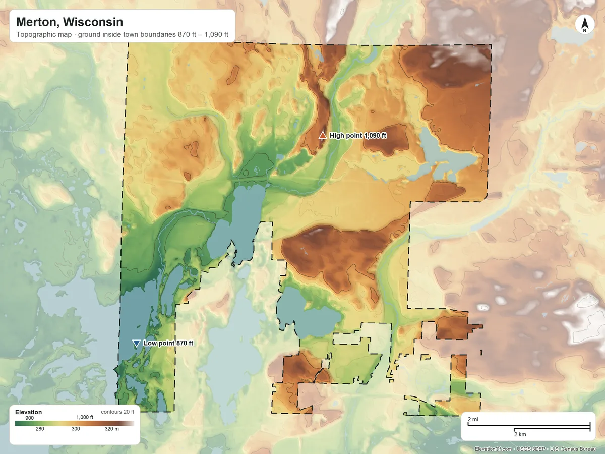Topographic elevation map of Merton, Wisconsin, shaded from 870 ft on the southwest side to 1,090 ft on the north side
