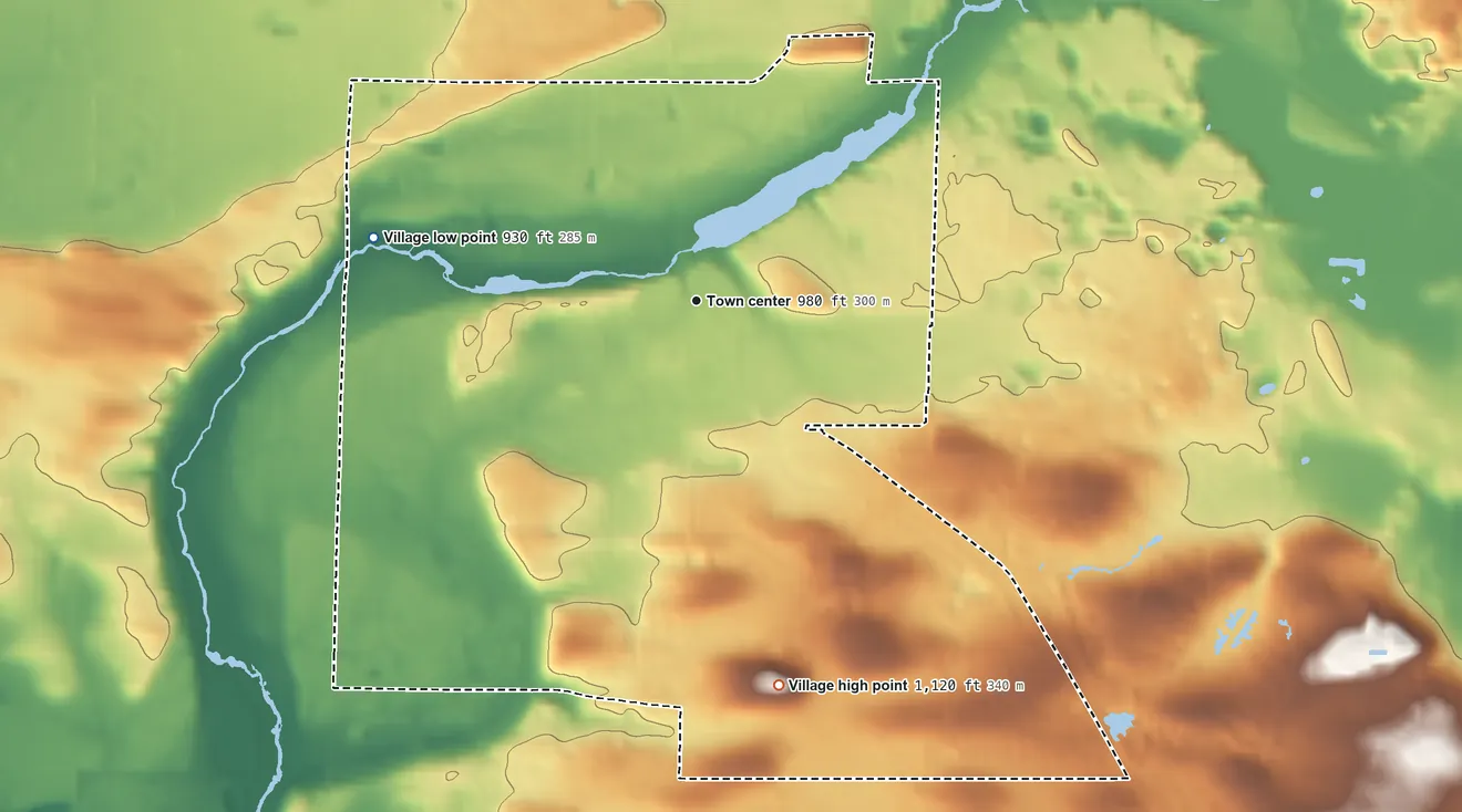 Topographic elevation map of Village of Merton, Wisconsin, shaded from 930 ft on the west side to 1,120 ft on the south side