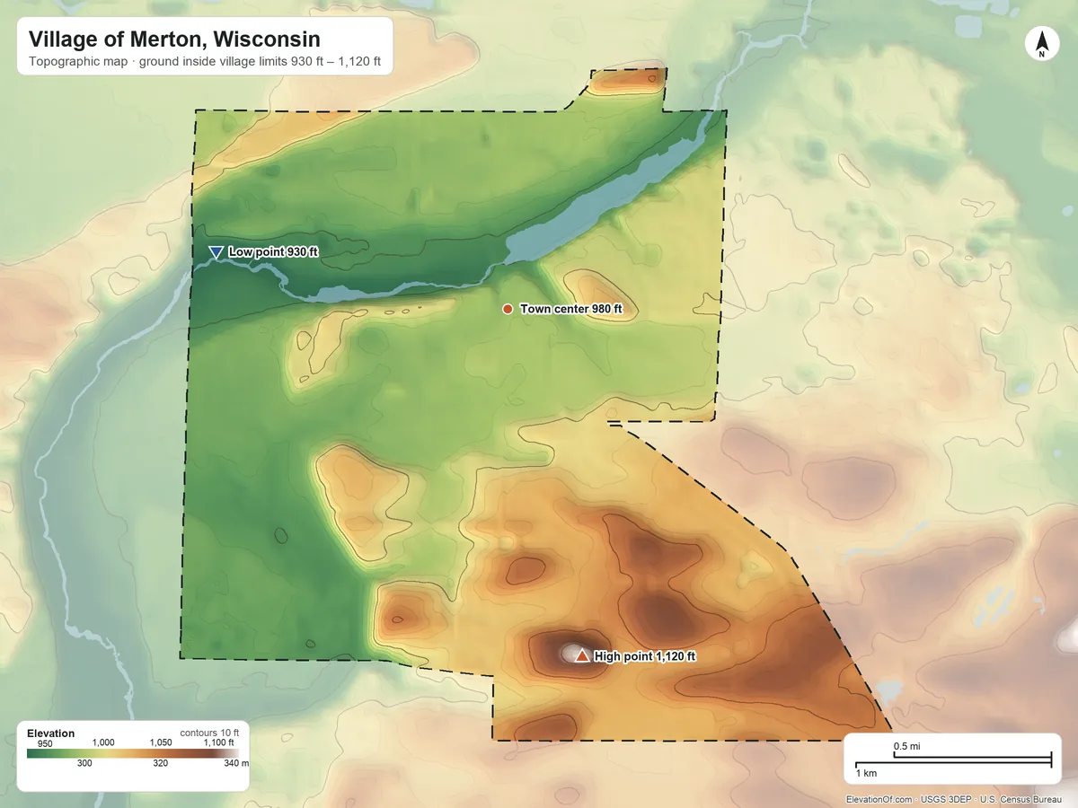 Topographic elevation map of Village of Merton, Wisconsin, shaded from 930 ft on the west side to 1,120 ft on the south side