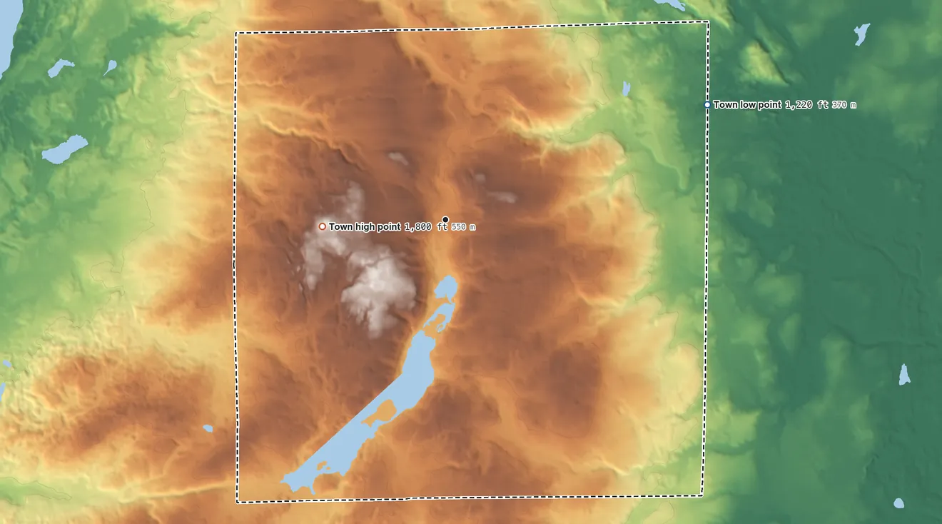 Topographic elevation map of Meteor, Wisconsin, shaded from 1,220 ft on the northeast side to 1,800 ft on Meteor Hill