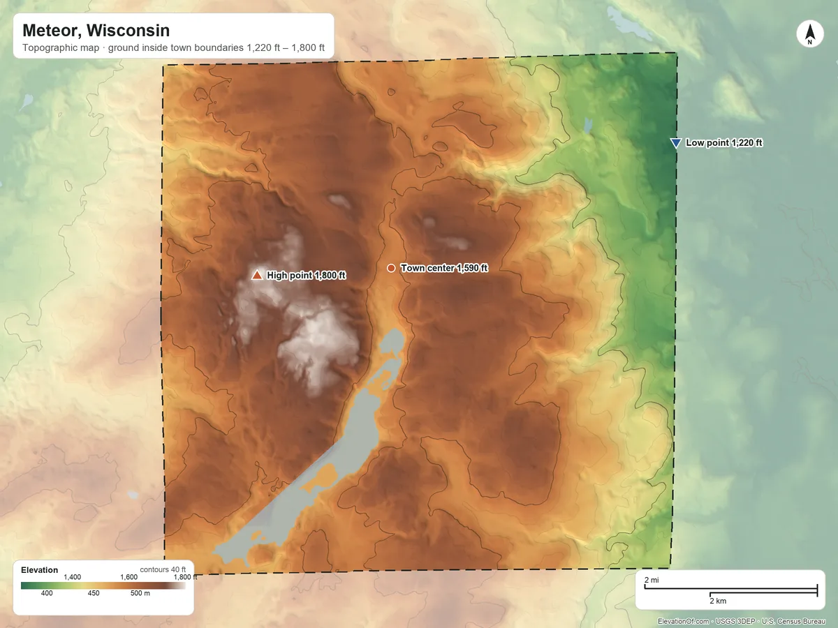 Topographic elevation map of Meteor, Wisconsin, shaded from 1,220 ft on the northeast side to 1,800 ft on Meteor Hill