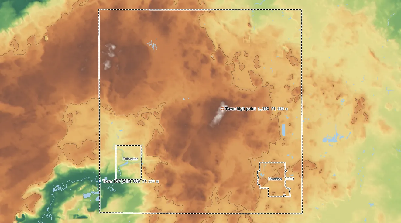 Topographic elevation map of Metomen, Wisconsin, shaded from 880 ft on the southwest side to 1,100 ft near the middle