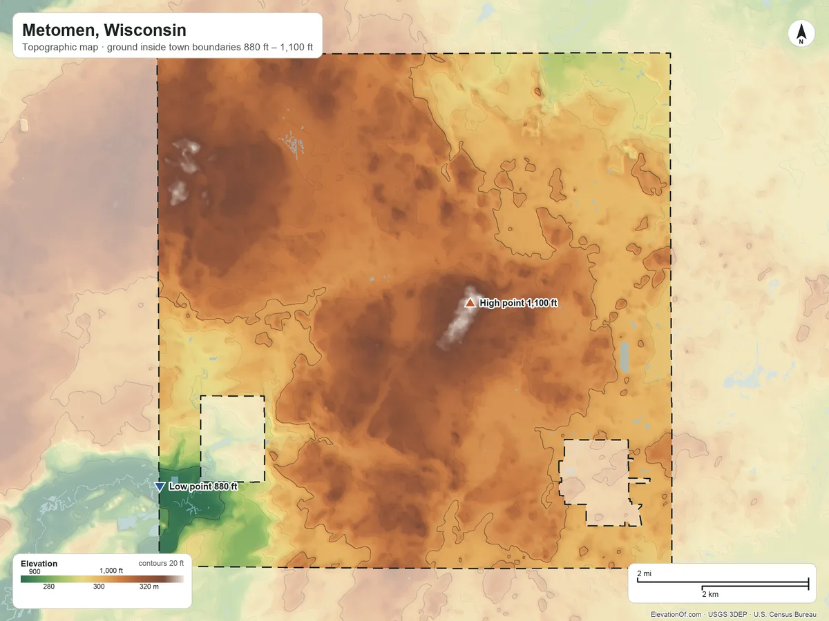 Topographic elevation map of Metomen, Wisconsin, shaded from 880 ft on the southwest side to 1,100 ft near the middle