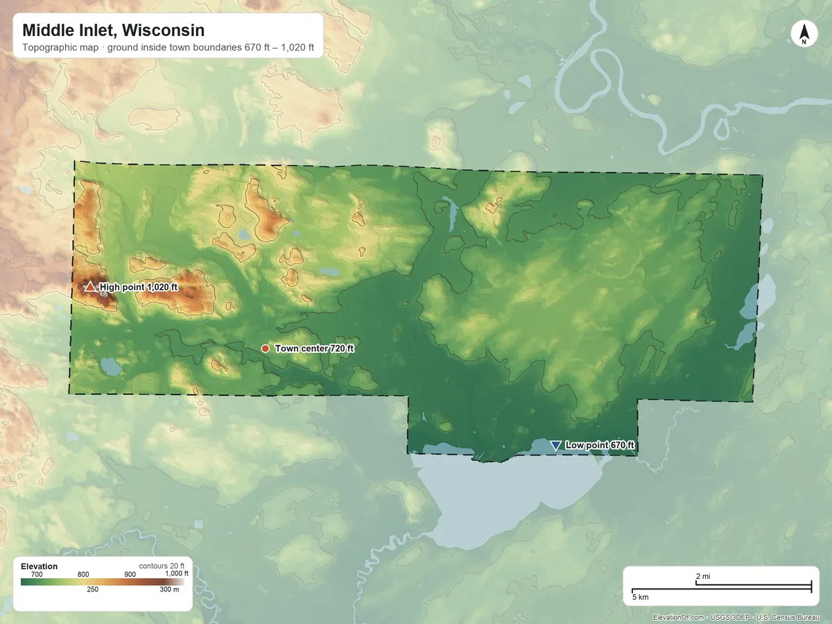 Topographic elevation map of Middle Inlet, Wisconsin, shaded from 670 ft on the east side to 1,020 ft on the west side