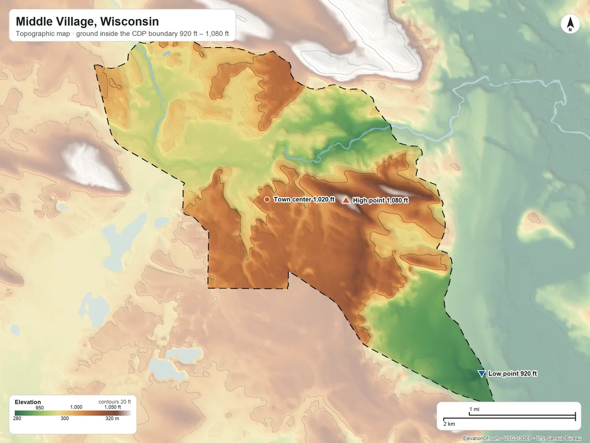 Topographic elevation map of Middle Village, Wisconsin, shaded from 920 ft on the southeast side to 1,080 ft on the east side