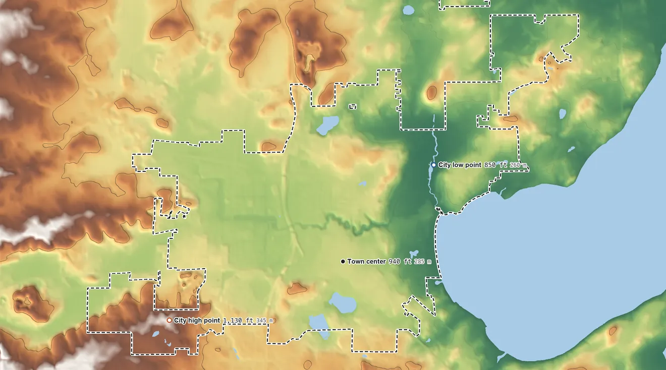 Topographic elevation map of Middleton, Wisconsin, shaded from 850 ft on the northeast side to 1,130 ft on the west side