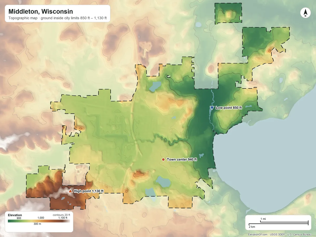 Topographic elevation map of Middleton, Wisconsin, shaded from 850 ft on the northeast side to 1,130 ft on the west side