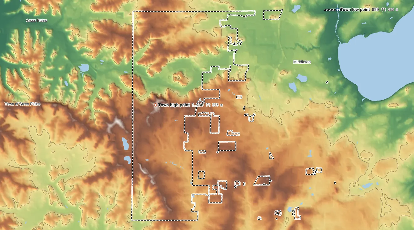 Topographic elevation map of Town of Middleton, Wisconsin, shaded from 850 ft on the northeast side to 1,230 ft on the northwest side