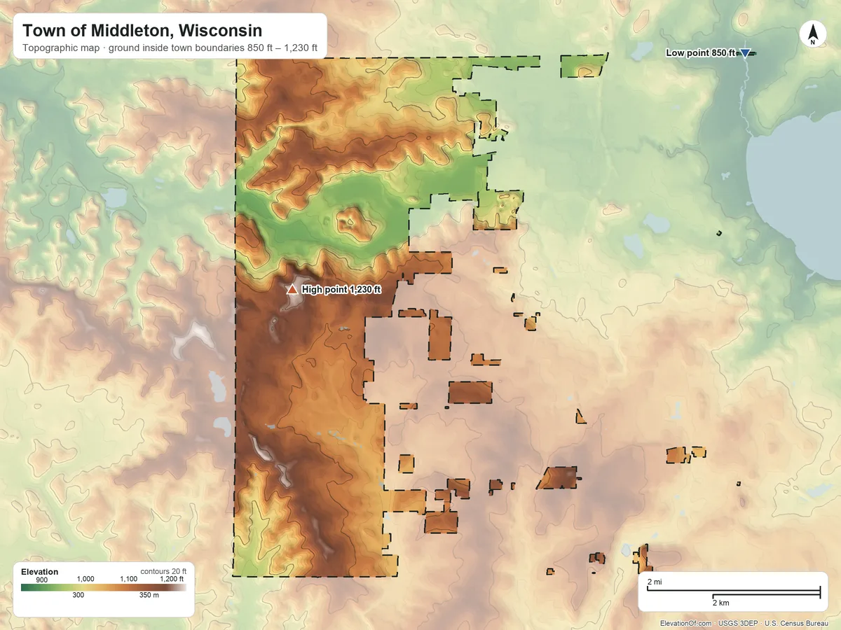 Topographic elevation map of Town of Middleton, Wisconsin, shaded from 850 ft on the northeast side to 1,230 ft on the northwest side