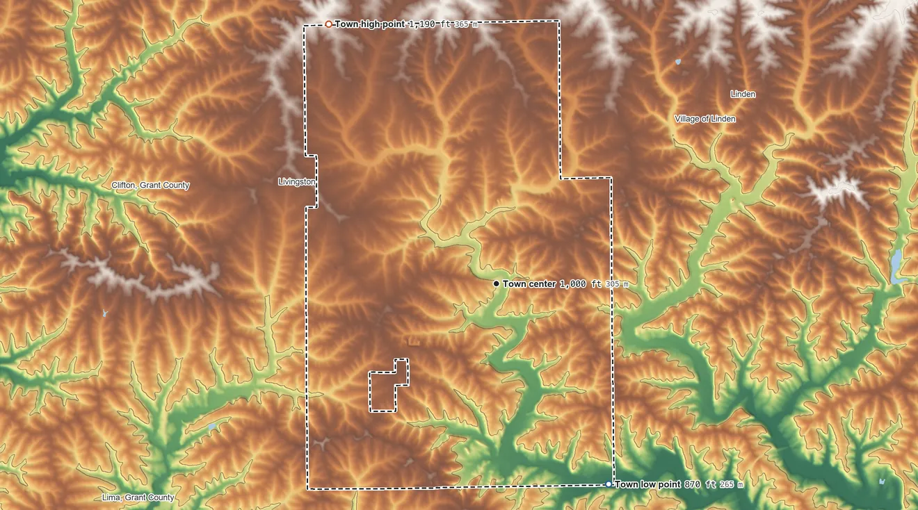 Topographic elevation map of Mifflin, Wisconsin, shaded from 870 ft on the southeast side to 1,190 ft on the northwest side