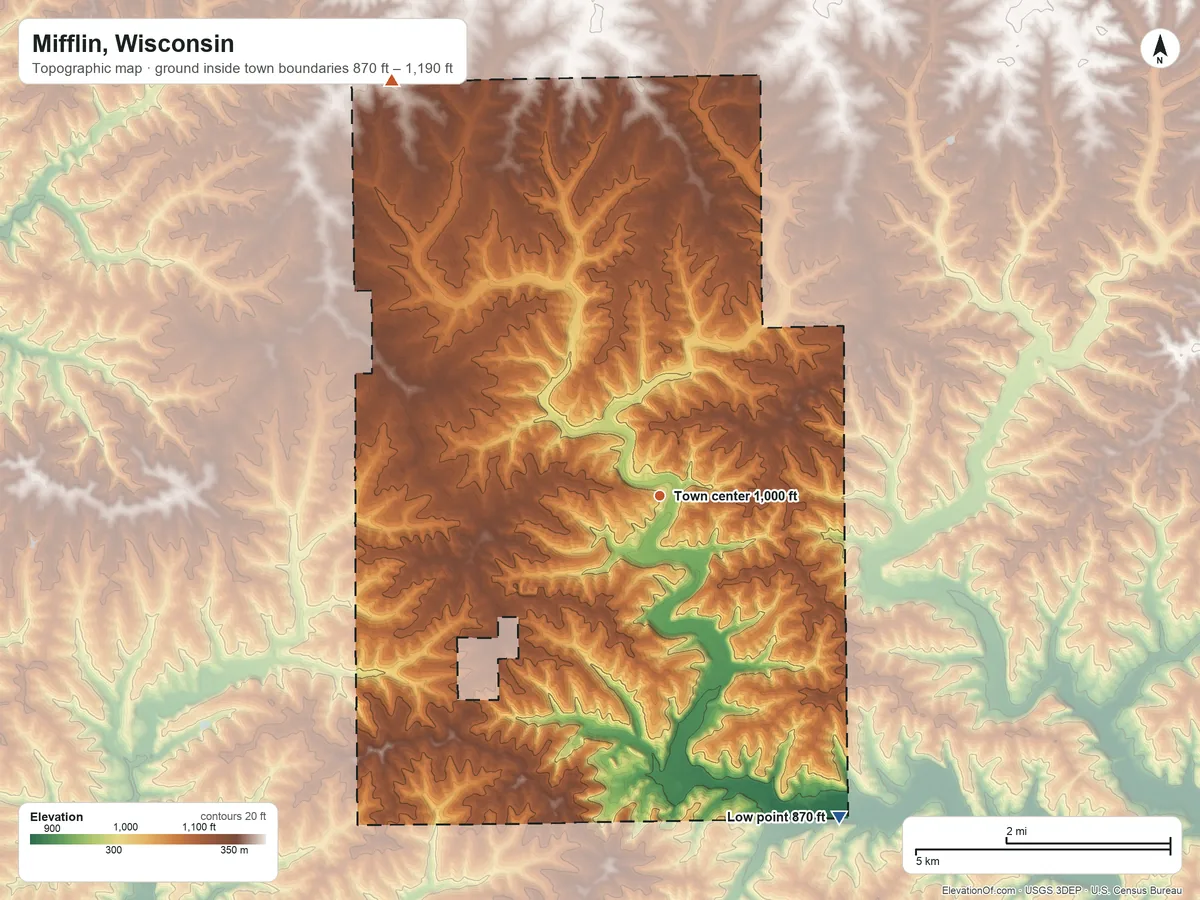 Topographic elevation map of Mifflin, Wisconsin, shaded from 870 ft on the southeast side to 1,190 ft on the northwest side
