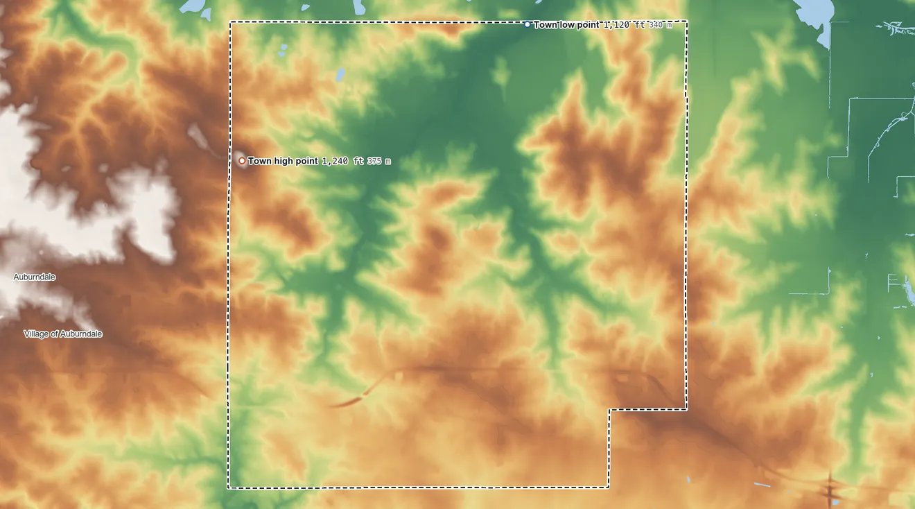Topographic elevation map of Milladore, Wisconsin, shaded from 1,120 ft on the north side to 1,240 ft on the northwest side