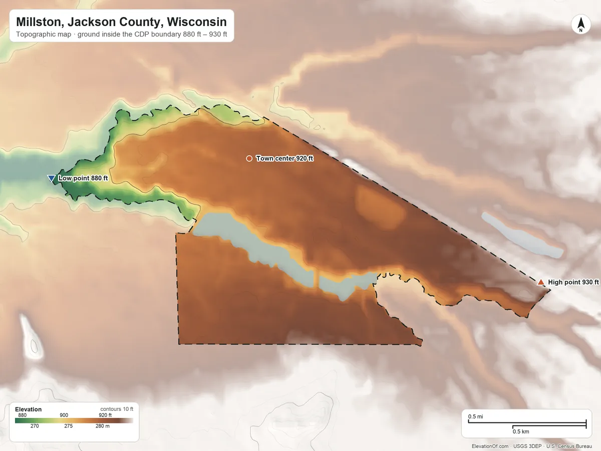 Topographic elevation map of Millston, Jackson County, Wisconsin, shaded from 880 ft on the west side to 930 ft on the southeast side