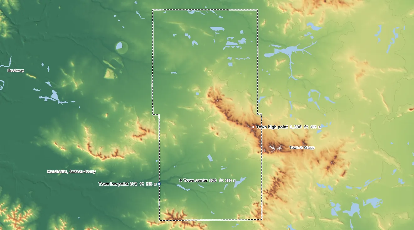 Topographic elevation map of Millston, Wisconsin, shaded from 870 ft near the middle to 1,330 ft on the northeast side
