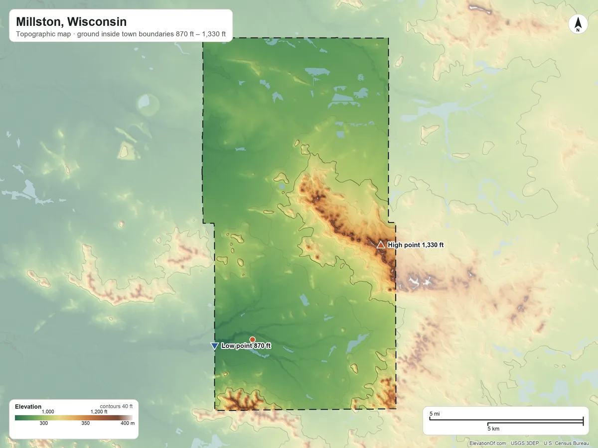 Topographic elevation map of Millston, Wisconsin, shaded from 870 ft near the middle to 1,330 ft on the northeast side