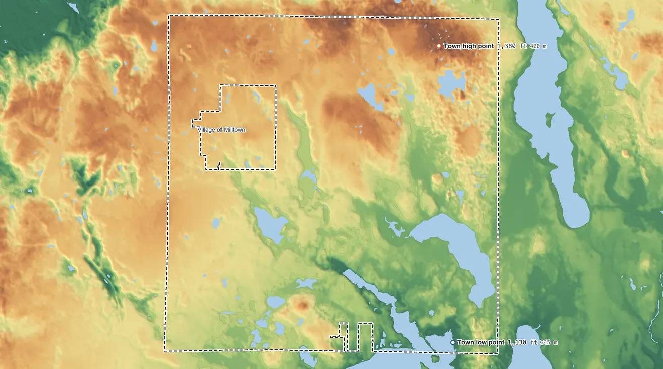 Topographic elevation map of Milltown, Wisconsin, shaded from 1,130 ft on the southeast side to 1,380 ft on the northeast side