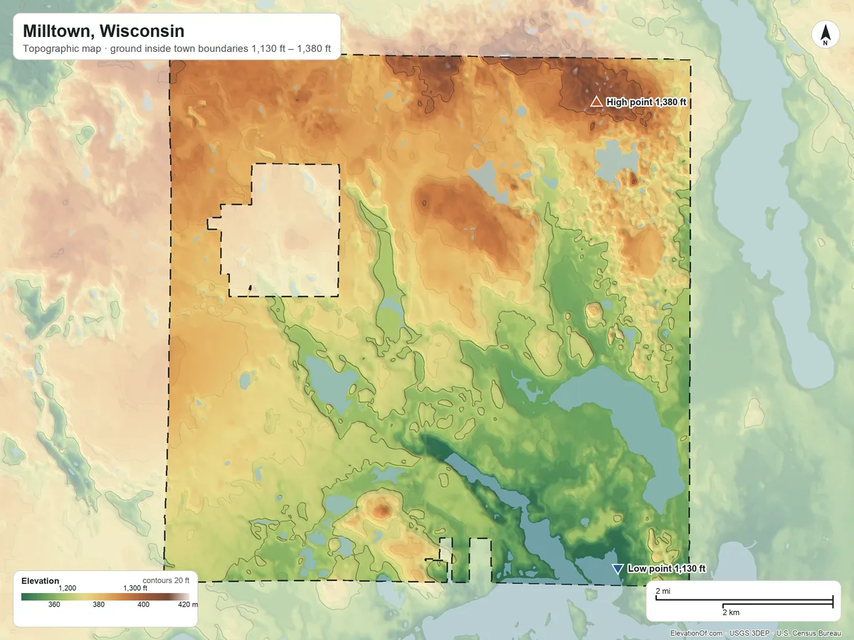 Topographic elevation map of Milltown, Wisconsin, shaded from 1,130 ft on the southeast side to 1,380 ft on the northeast side