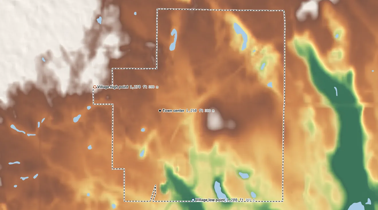 Topographic elevation map of Village of Milltown, Wisconsin, shaded from 1,200 ft on the south side to 1,270 ft on the west side