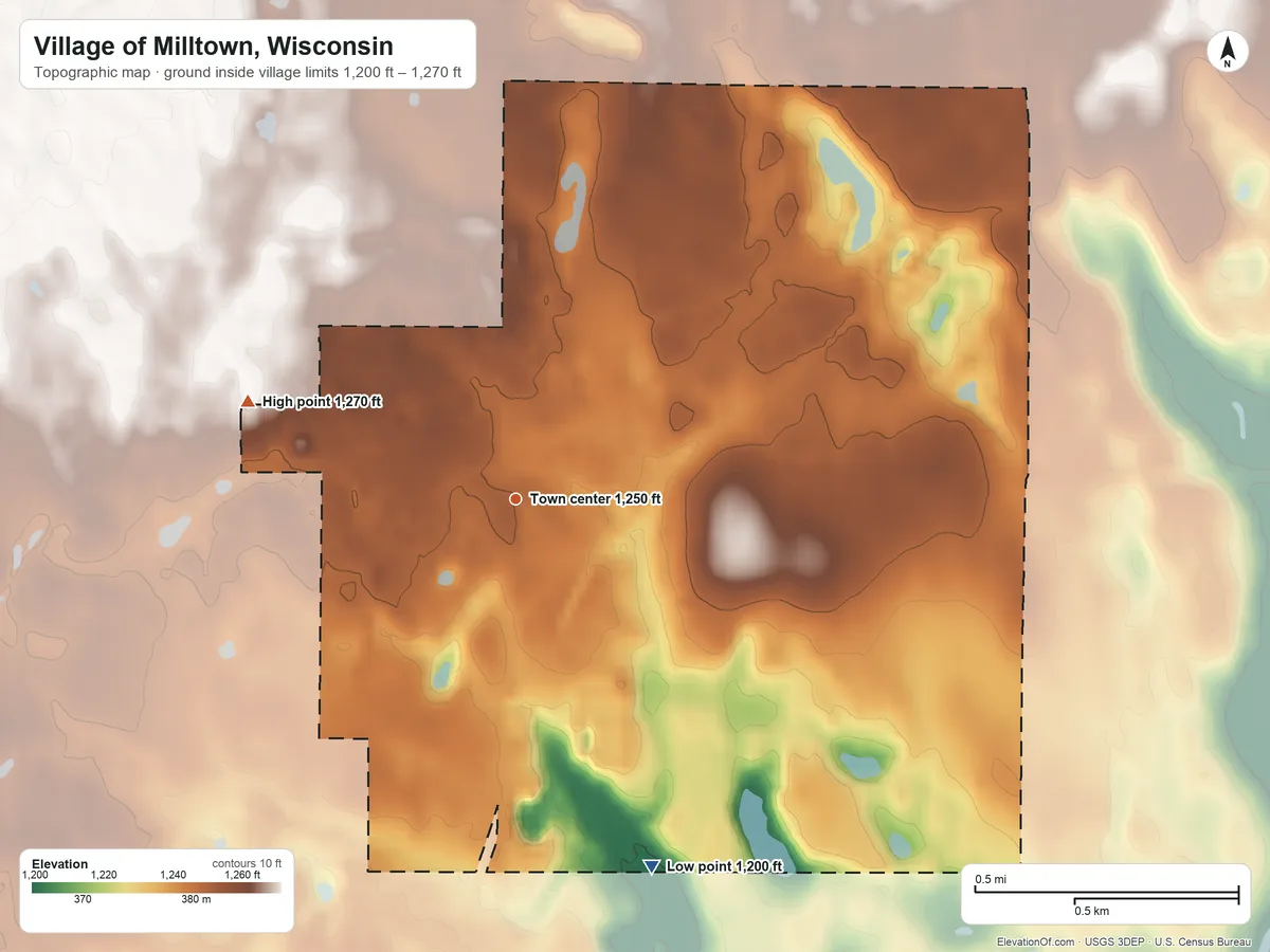 Topographic elevation map of Village of Milltown, Wisconsin, shaded from 1,200 ft on the south side to 1,270 ft on the west side