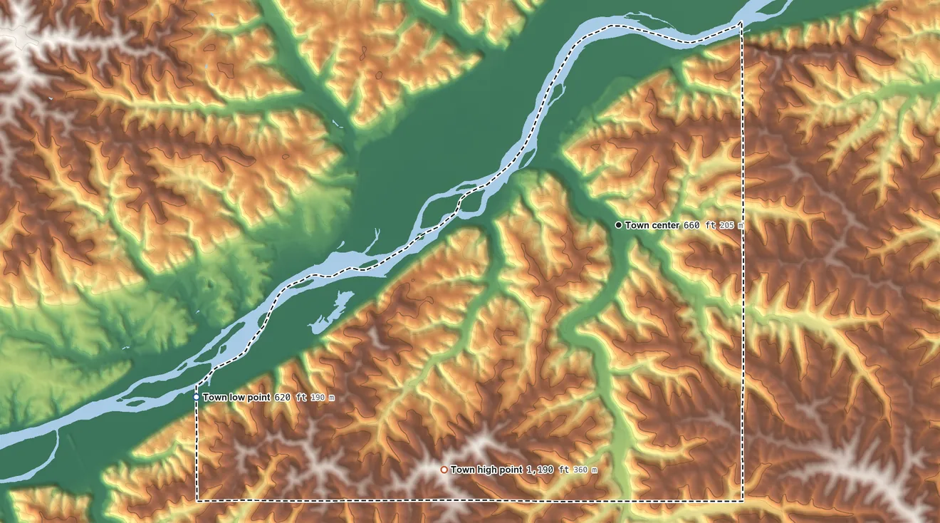 Topographic elevation map of Millville, Wisconsin, shaded from 620 ft on the west side to 1,190 ft on the southwest side