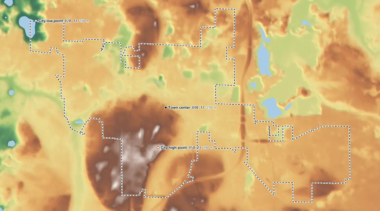 Topographic elevation map of Milton, Wisconsin, shaded from 820 ft on the northwest side to 950 ft on the south side