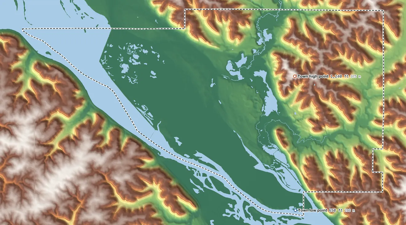 Topographic elevation map of Town of Milton, Wisconsin, shaded from 650 ft on the south side to 1,240 ft on the east side