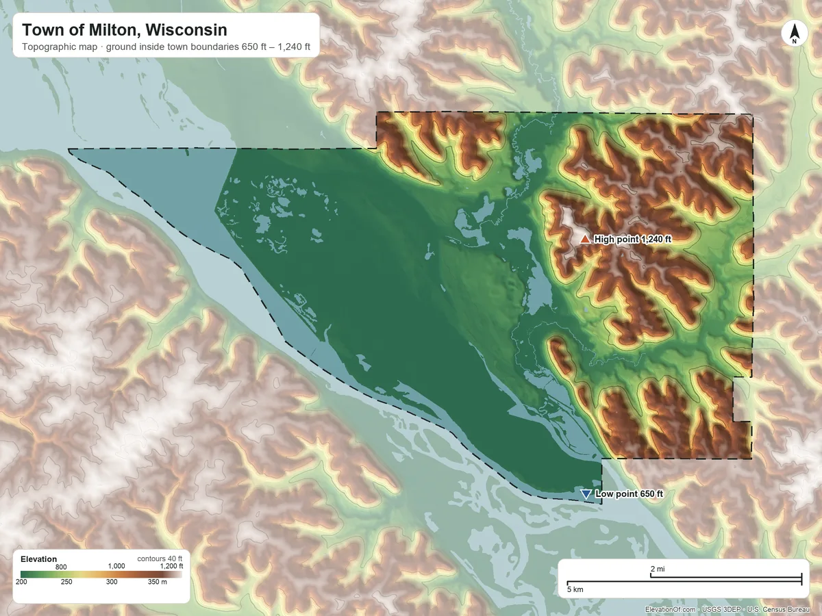 Topographic elevation map of Town of Milton, Wisconsin, shaded from 650 ft on the south side to 1,240 ft on the east side
