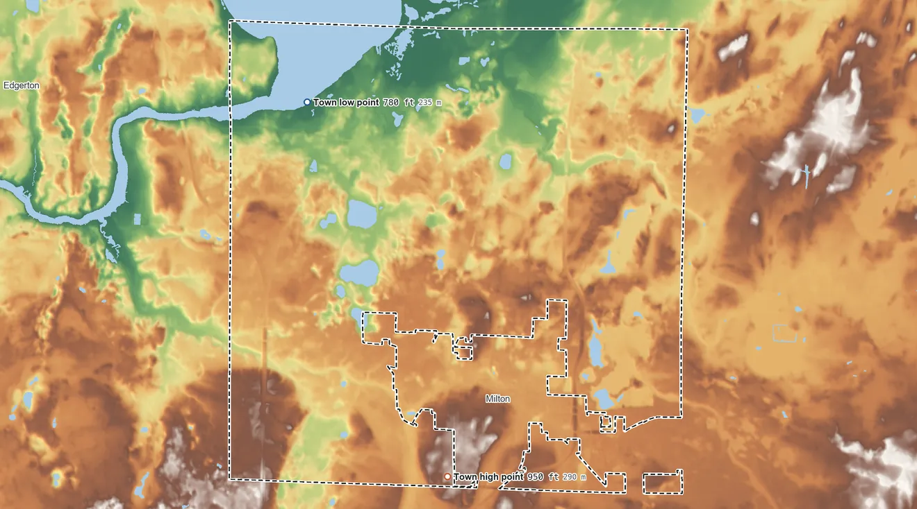 Topographic elevation map of Town of Milton, Wisconsin, shaded from 780 ft on the northwest side to 950 ft on the south side