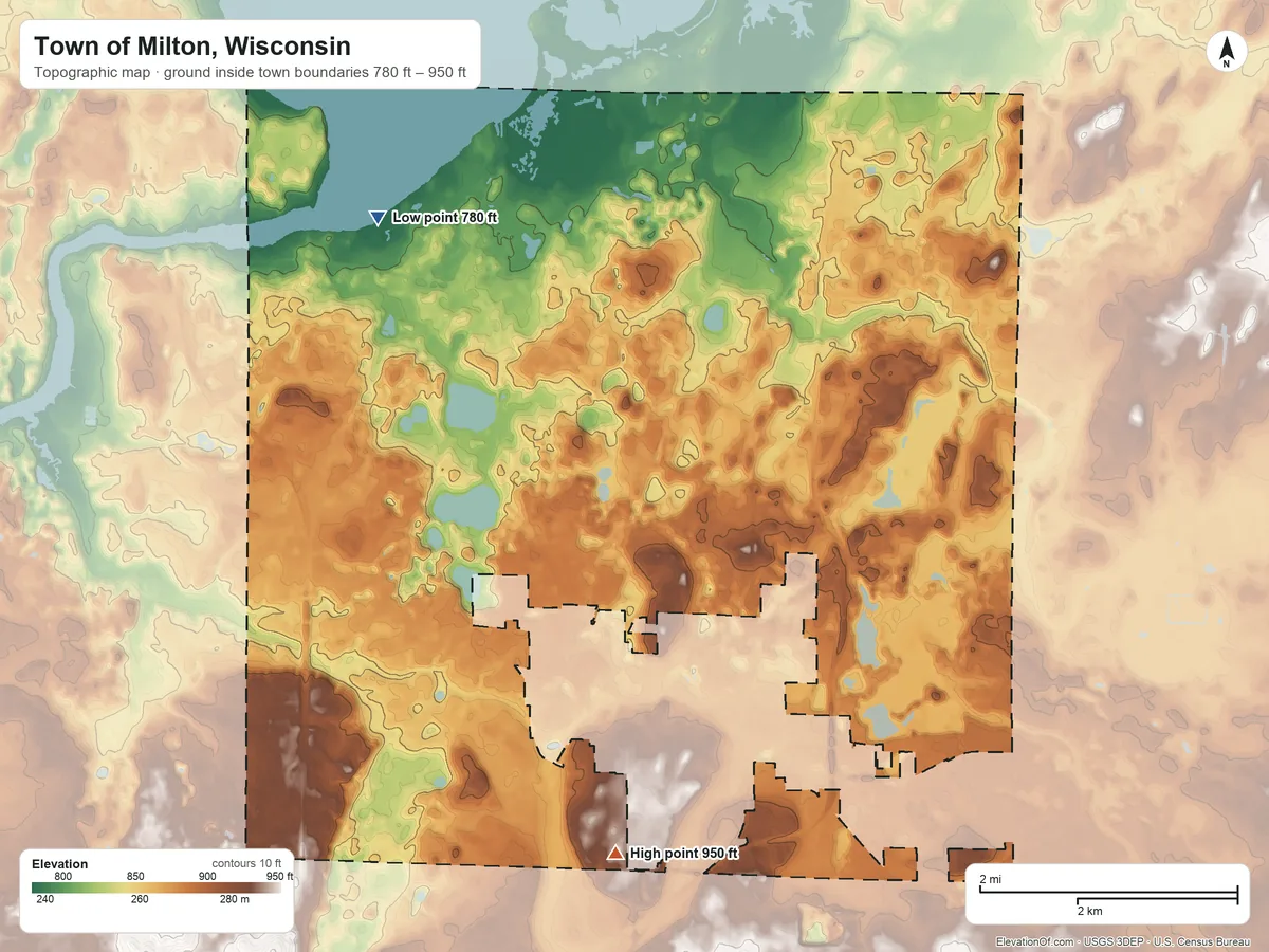 Topographic elevation map of Town of Milton, Wisconsin, shaded from 780 ft on the northwest side to 950 ft on the south side