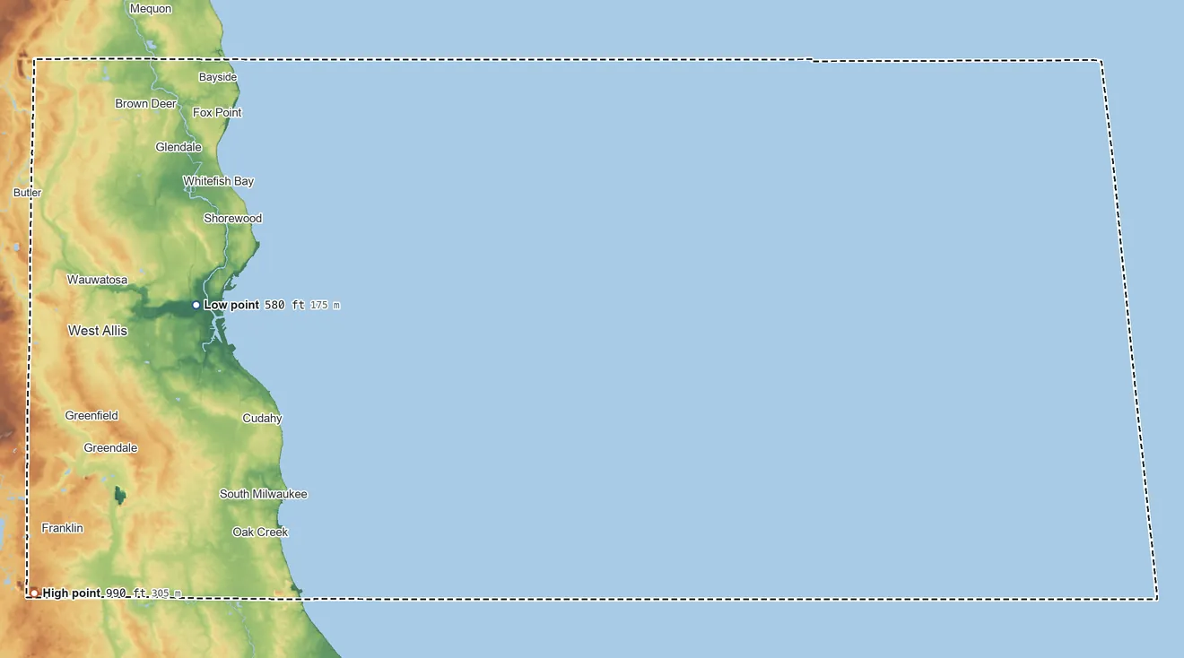 Topographic elevation map of Milwaukee County, Wisconsin, shaded from 580 ft on the west side to 990 ft on the southwest side