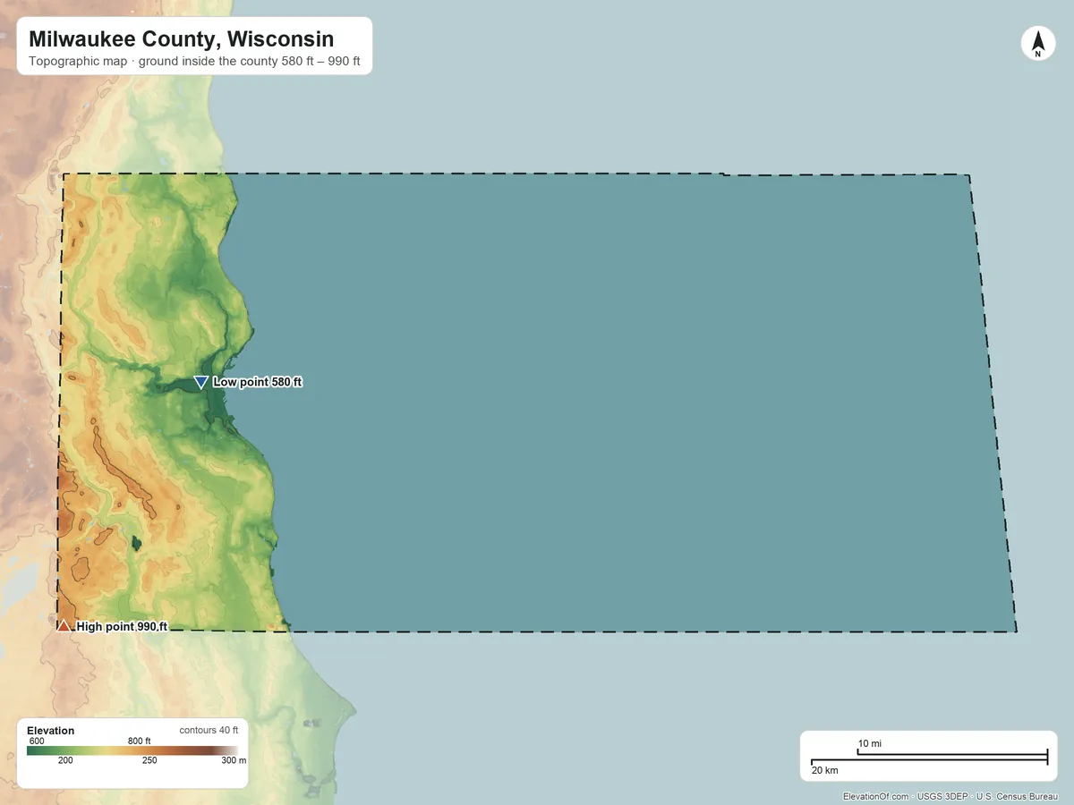 Topographic elevation map of Milwaukee County, Wisconsin, shaded from 580 ft on the west side to 990 ft on the southwest side