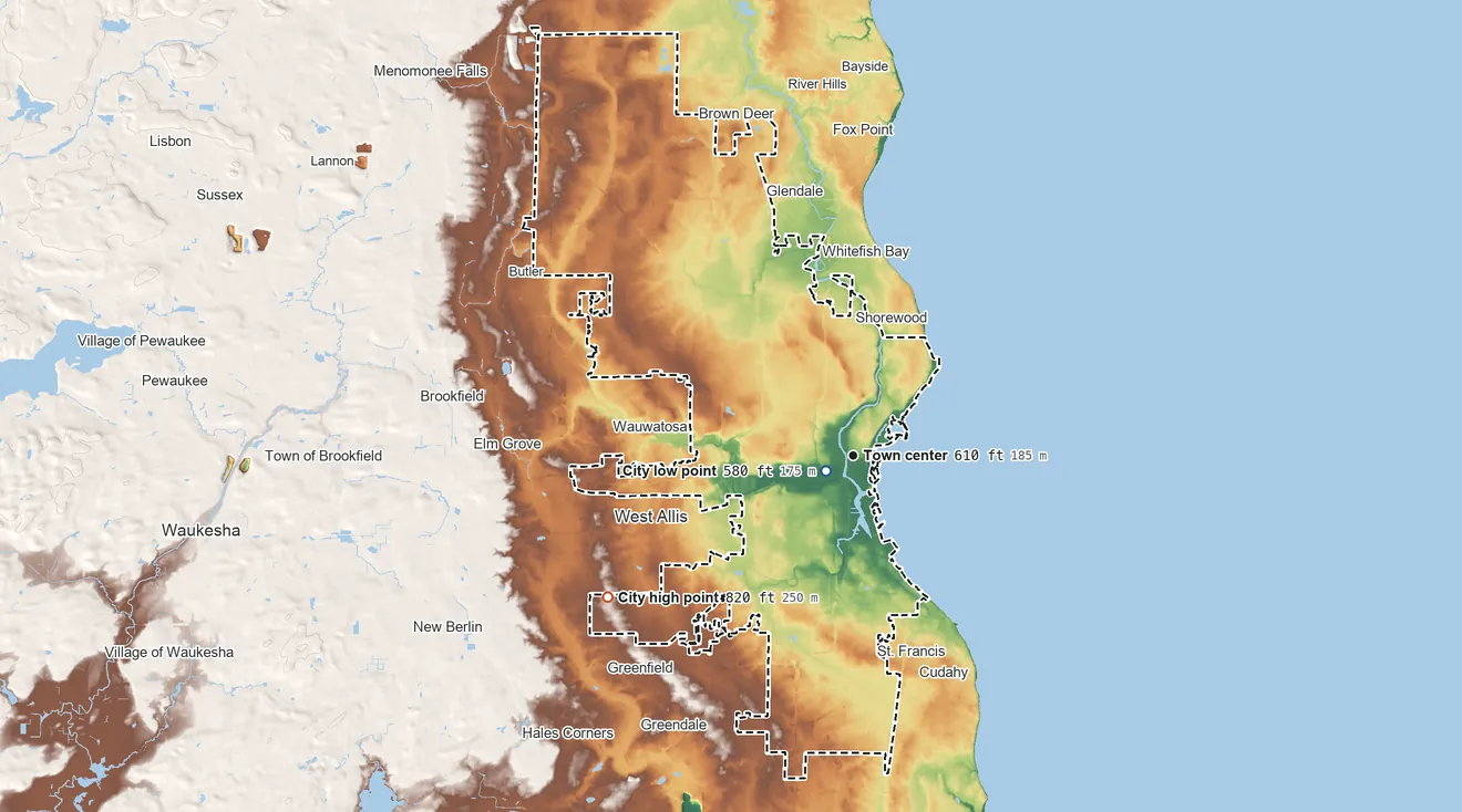 Topographic elevation map of Milwaukee, Wisconsin, shaded from 580 ft near the middle to 820 ft on the southwest side
