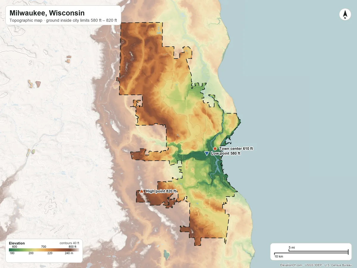 Topographic elevation map of Milwaukee, Wisconsin, shaded from 580 ft near the middle to 820 ft on the southwest side