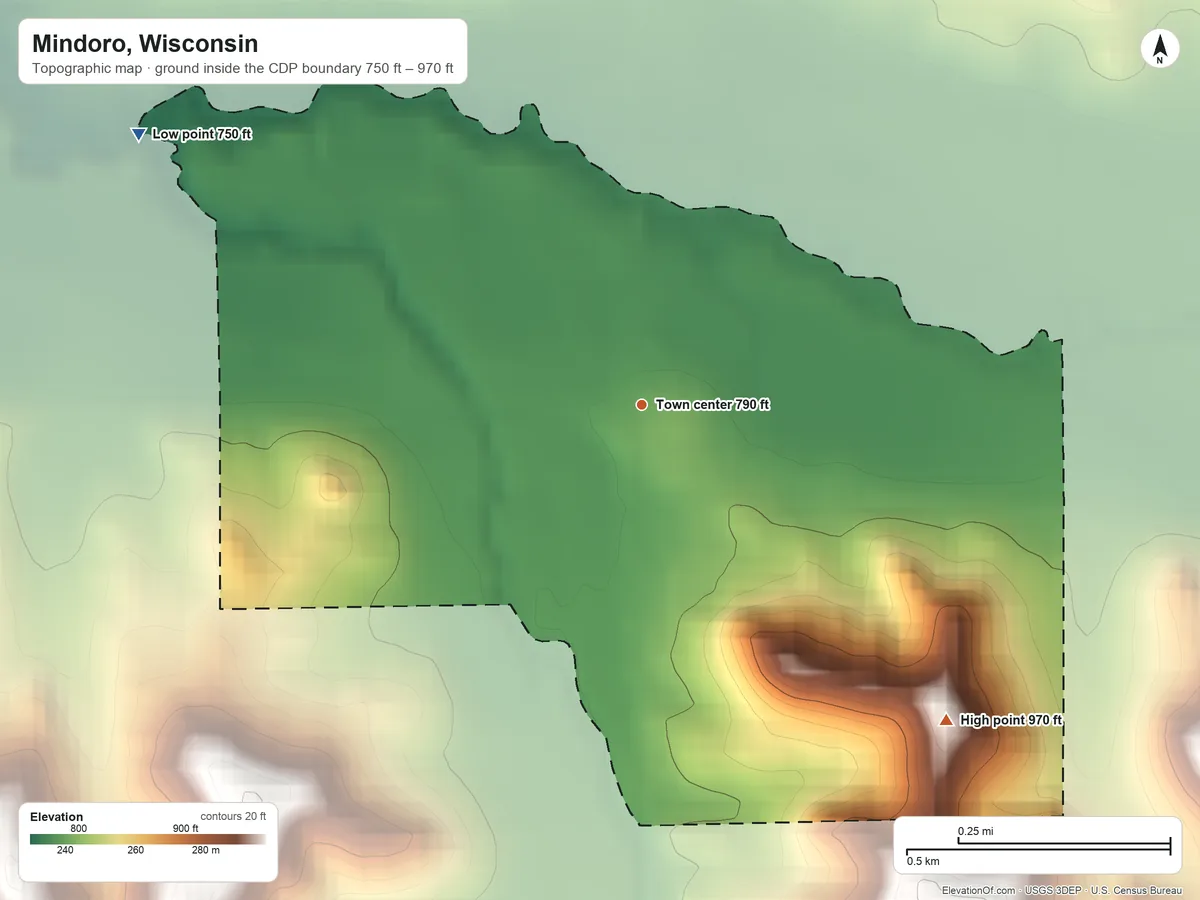 Topographic elevation map of Mindoro, Wisconsin, shaded from 750 ft on the northwest side to 970 ft on the southeast side