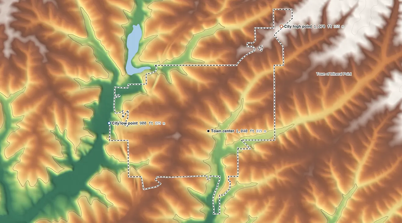 Topographic elevation map of Mineral Point, Wisconsin, shaded from 900 ft on the west side to 1,170 ft on the northeast side