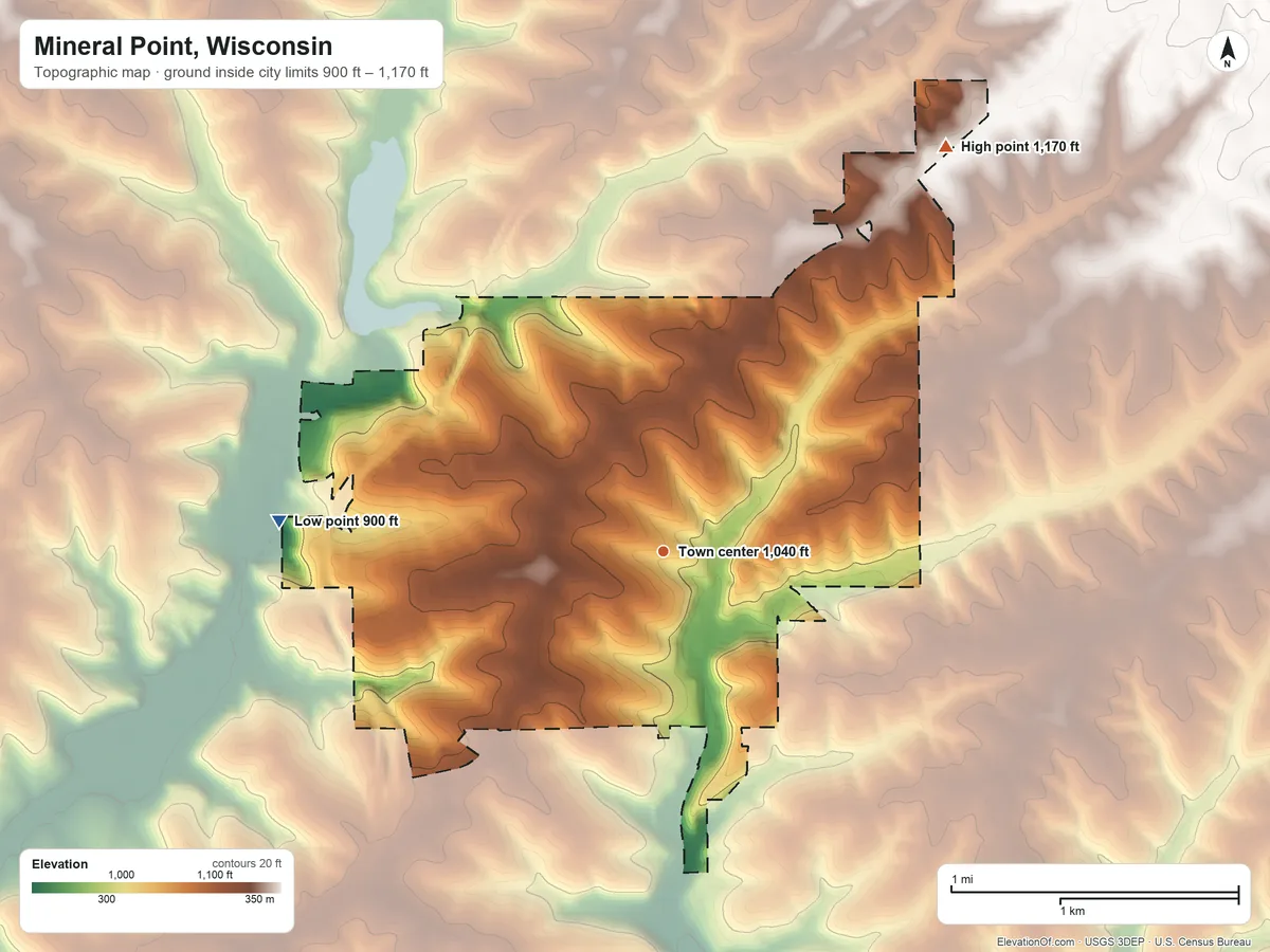 Topographic elevation map of Mineral Point, Wisconsin, shaded from 900 ft on the west side to 1,170 ft on the northeast side