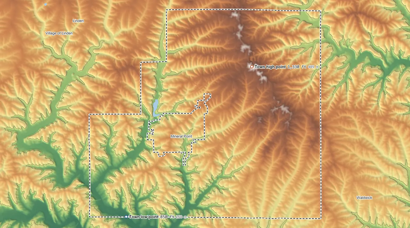Topographic elevation map of Town of Mineral Point, Wisconsin, shaded from 850 ft on the southwest side to 1,330 ft on the northeast side