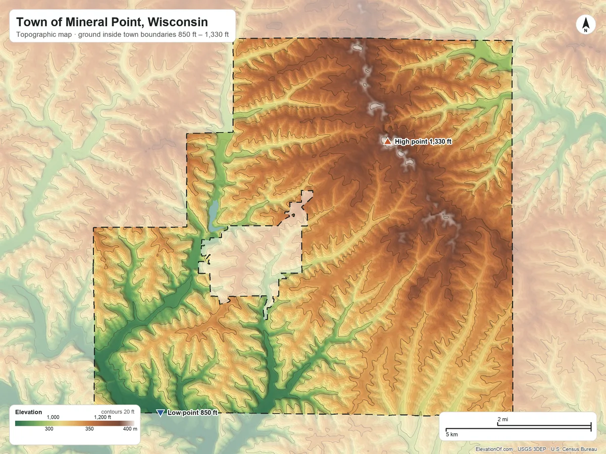 Topographic elevation map of Town of Mineral Point, Wisconsin, shaded from 850 ft on the southwest side to 1,330 ft on the northeast side