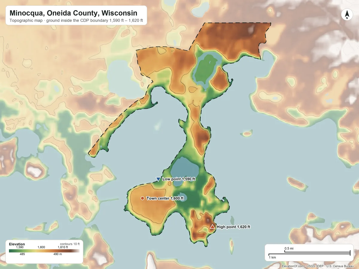 Topographic elevation map of Minocqua, Oneida County, Wisconsin, shaded from 1,590 ft near the middle to 1,620 ft on the east side